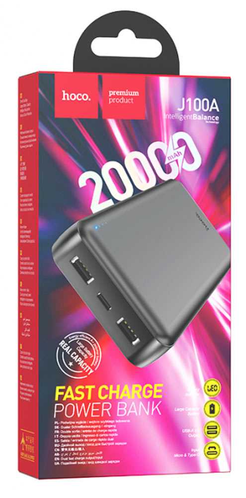 картинка Внешний аккумулятор Hoco J100A High-ranking 20000 mAh LED-индикатор Black от магазина КомпьютерЦентр