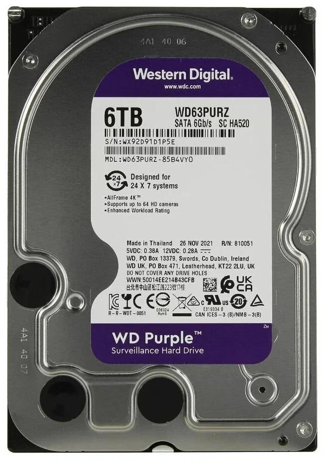 картинка HDD 6.0Tb WD 3.5'' Purple SATAIII 5400 rpm; 256 Mb cache; WD63PURZ от магазина КомпьютерЦентр