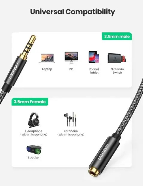 картинка Кабель аудио удлинитель jack 3.5mm Ugreen AV118 M/ F оплетка позолоченные контакты 3m Black (10266) от магазина КомпьютерЦентр