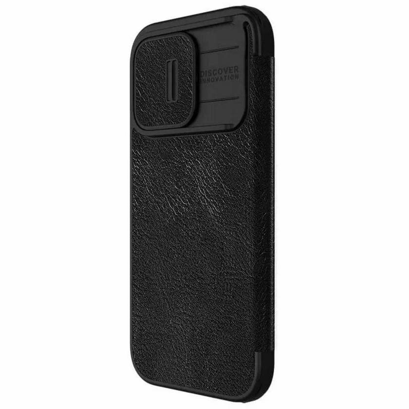 картинка Кожаный чехол-книжка Nillkin Leather Qin Pro c защитой камеры для iPhone 15 Pro (черный) от магазина КомпьютерЦентр