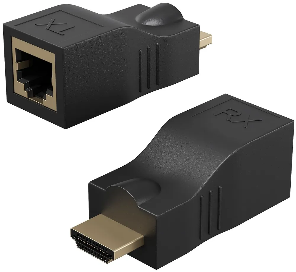 картинка HDMI удлинитель по витой паре GSMIN адаптер RJ-45 CAT-5e/ 6 до 30м (Черный) от магазина КомпьютерЦентр