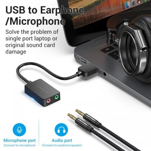 картинка Звуковая карта Vention USB Внешняя Черная (CDYB0) от магазина КомпьютерЦентр