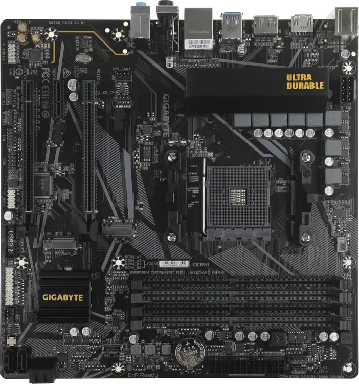 картинка Материнская плата Gigabyte B550M DS3H AC R2, AM4, AMD B550, 4xDDR4, 4xSATA, 2xM.2, 2xPCIe x16, DisplayPort, HDMI, 1xGb LAN, 6xUSB, 3x3.5 мм, 7.1, microATX от магазина КомпьютерЦентр