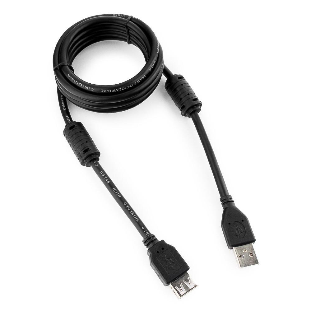 картинка Кабель USB 2.0 A->F 1.8m CCF2-USB2-AMAF-6, CablExpert, Pro экран, 2феррит.кольца, черный, пакет от магазина КомпьютерЦентр