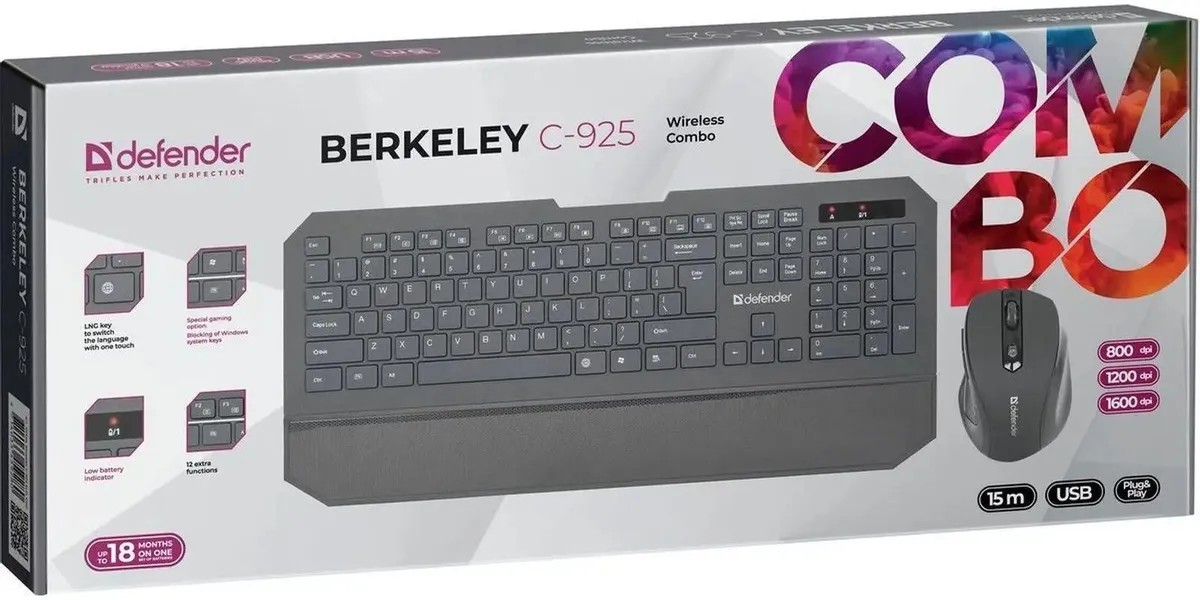 картинка Комплект Defender Berkeley C-925 Nano B Черный (Клавиатура + мышь) 45925 от магазина КомпьютерЦентр