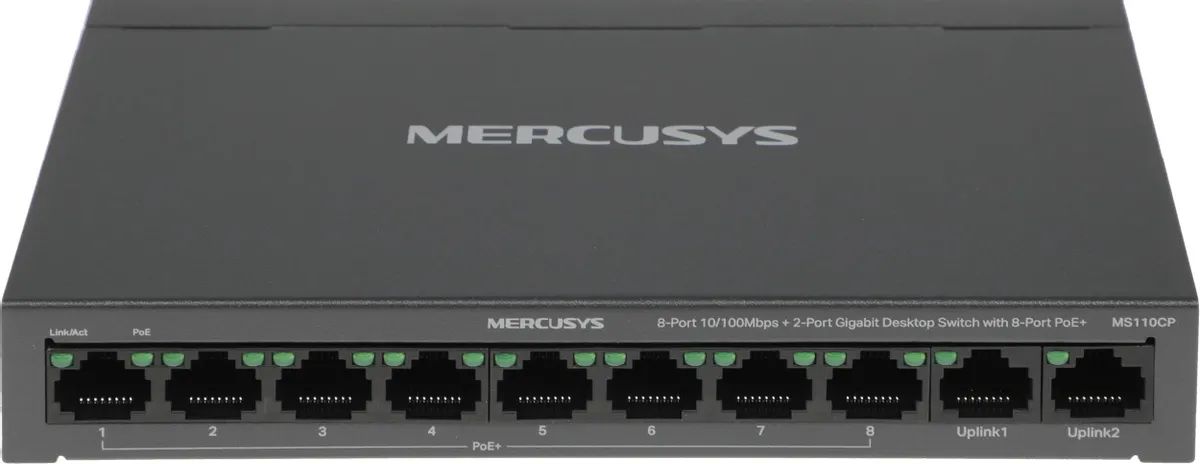 картинка Switch 8-port Mercusys MS110CP (L2) 8x100Мбит/ с 2x1Гбит/ с 8PoE+ 65W неуправляемый от магазина КомпьютерЦентр