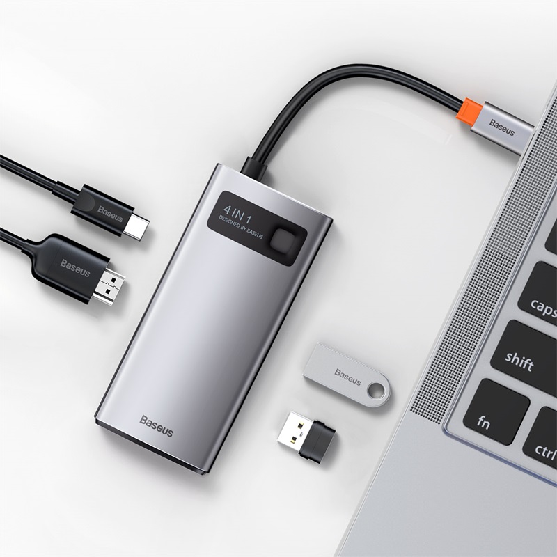 картинка Хаб Baseus Metal Gleam Series 4-in-1 USB2.0/ USB3.0/  4KHD/ Type-C Cray (CAHUB-CY0G) от магазина КомпьютерЦентр