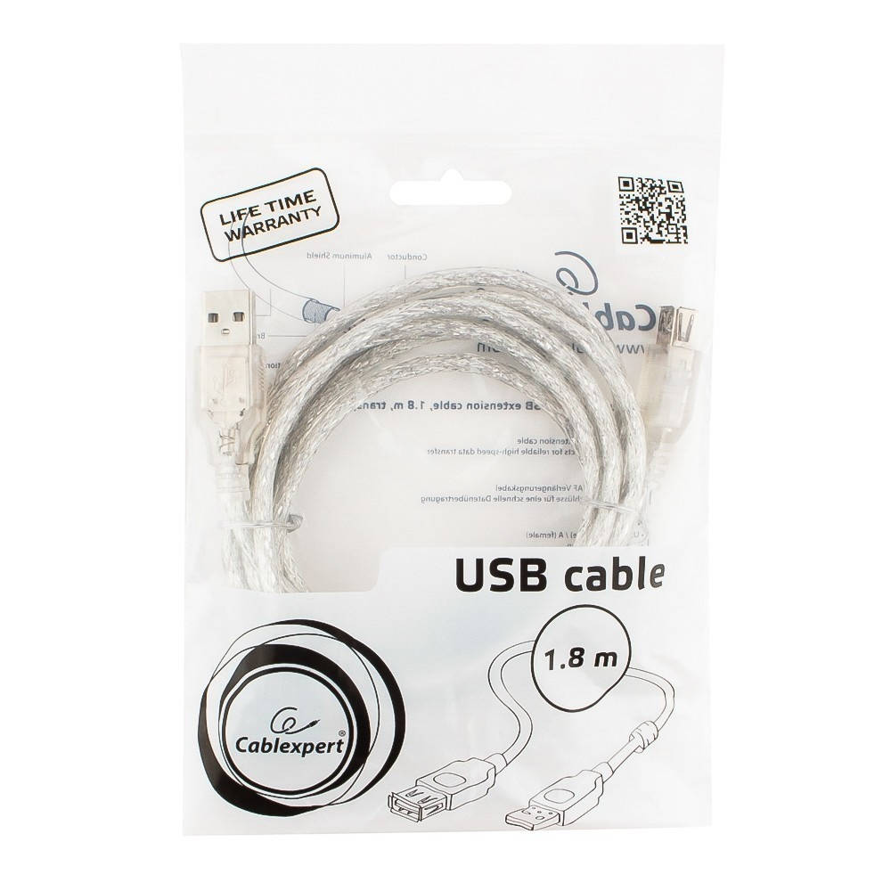 картинка Кабель USB 2.0 A->F 1.8m CCF-USB2-AMAF-TR-6, Pro Gembird/ Cablexpert, экран, 2феррит.кольца, прозрачный, от магазина КомпьютерЦентр