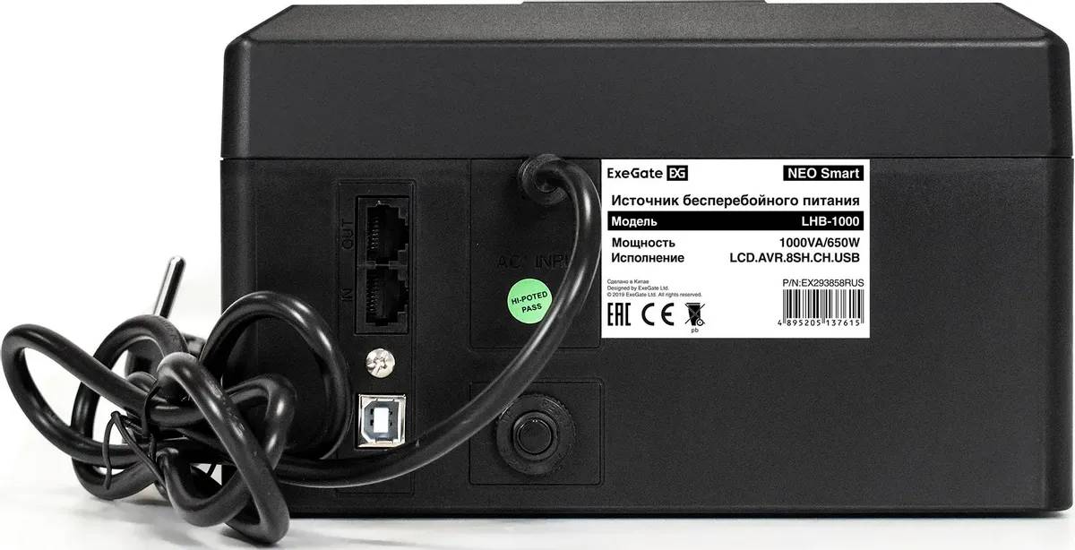 картинка ИБП ExeGate NEO Smart LHB-1000.LCD.AVR.8SH.CH.USB (EX293858RUS) 1000VA/ 650W, Black от магазина КомпьютерЦентр