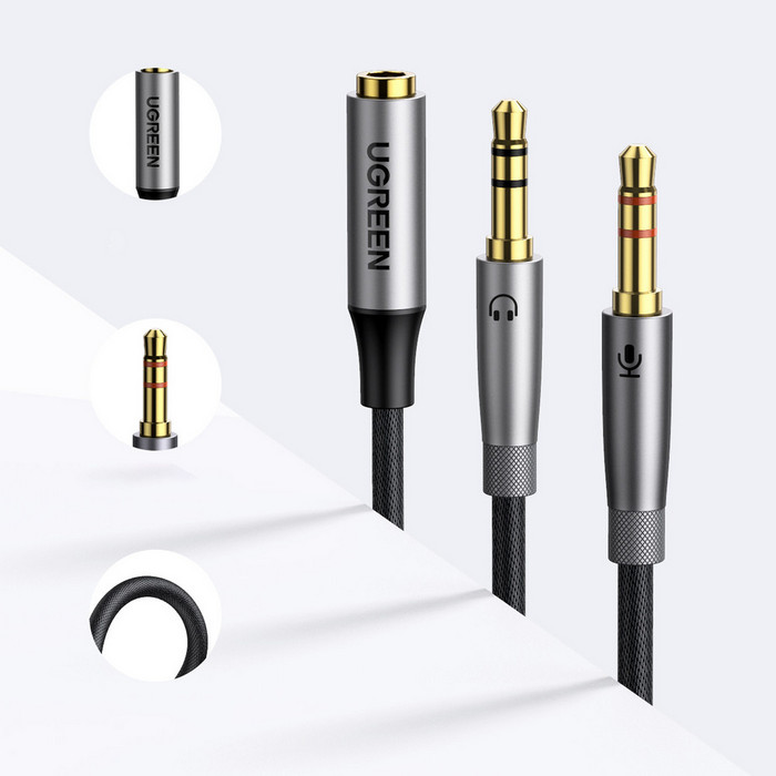 картинка Аудио разветвитель Ugreen AV193 AUX Jack 3.5 (f)/  2xJack 3.5 (m) наушники + микрофон, в оплетке (серый) (50255) от магазина КомпьютерЦентр
