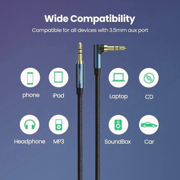 картинка Кабель Ugreen AV112 Jack(m) 3.5mm - Jack(m) 3.5, 0,5m Позолоченные контакты с оплеткой (60178) от магазина КомпьютерЦентр