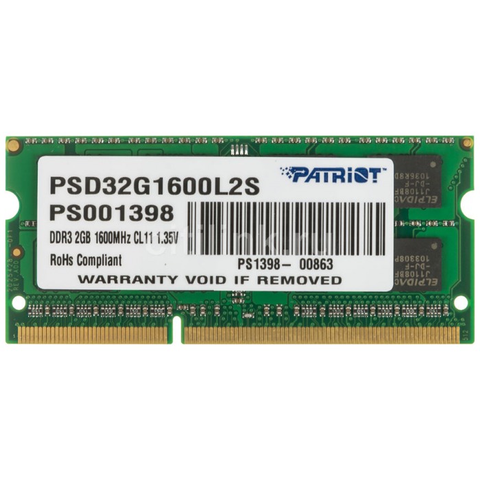 картинка Оперативная память Patriot SO-DIMM DDR3L 2Gb 1600MHz PC3-12800 (PSD32G1600L2S) от магазина КомпьютерЦентр