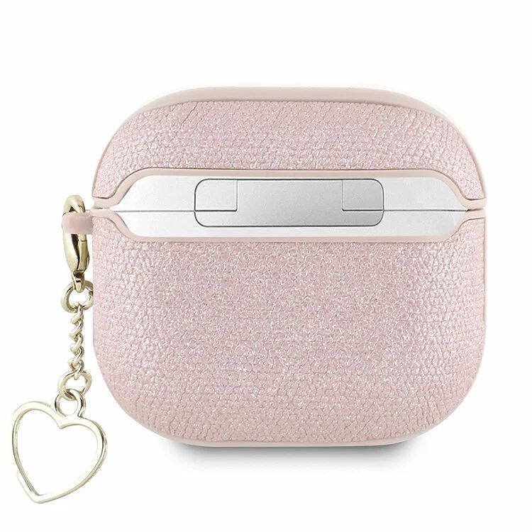 картинка Чехол Guess для Airpods 4 PU leather with Script metal logo and Heart charm Pink от магазина КомпьютерЦентр