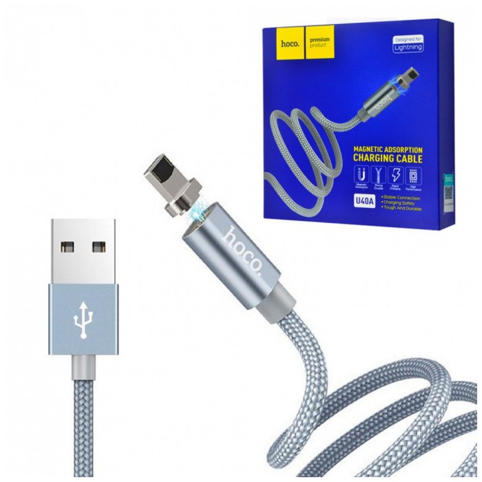 картинка Кабель HOCO Data Cable Lightning Hoco U40A Magnetic adsorption 2A 100cm Metal Gray (U40A Lightning) от магазина КомпьютерЦентр