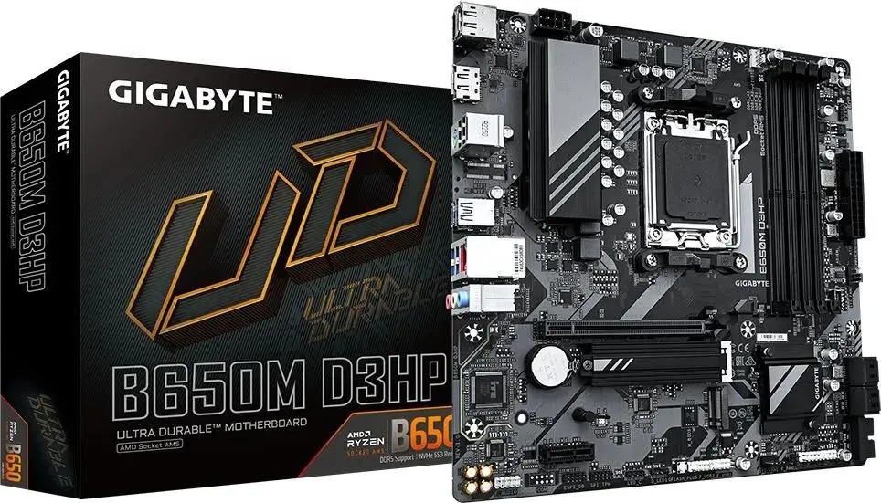 картинка Материнская плата Gigabyte B650M D3HP; 4xDDR5; AM5; AMD B650; 2xM.2; 2.5Gb LAN; 1xHDMI+2xDP, micro-ATX от магазина КомпьютерЦентр