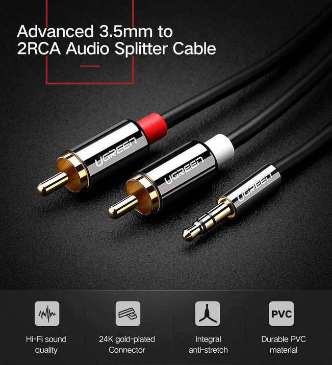 картинка Аудио кабель AUX Ugreen AV116 Aux Jack 3.5mm/ 2RCA, 2 м Black (10584) от магазина КомпьютерЦентр