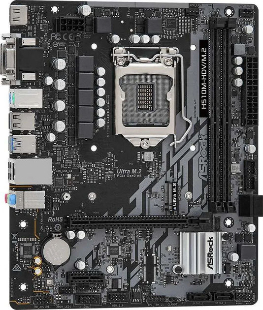 картинка Материнская плата Asrock H510M-HDV/ M.2 S1200; Intel H510; 2xDDR4, PCIe 4.0x16, PCIe 3.0x1, 4xSATA3, M.2, VGA, DVI, HDMI, mATX от магазина КомпьютерЦентр