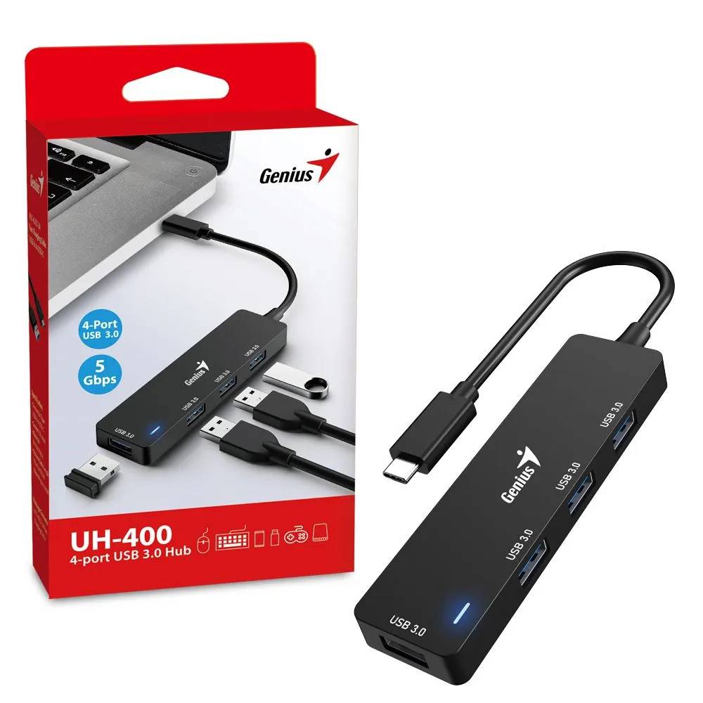 картинка HUB 4-port Genius UH-400 USB 3.0, Black (31240002400) от магазина КомпьютерЦентр