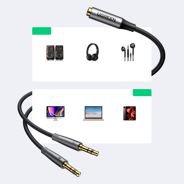 картинка Аудио разветвитель Ugreen AV193 AUX Jack 3.5 (f)/  2xJack 3.5 (m) наушники + микрофон, в оплетке (серый) (50255) от магазина КомпьютерЦентр
