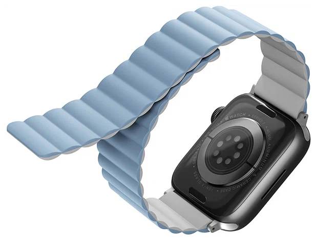 картинка Ремень силиконовый Uniq REVIX Premium для Apple Watch 41/ 40/ 38, цвет белый/ нежно голубой (ARCTIC/ SOFT BLUE) от магазина КомпьютерЦентр