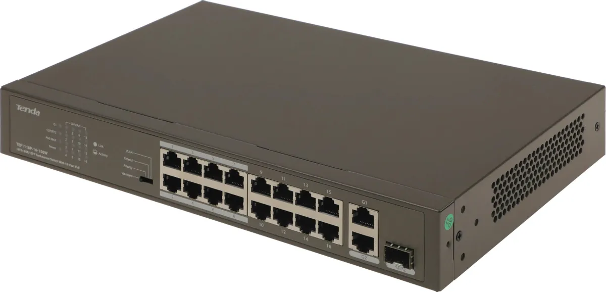 картинка Switch 16-port Tenda TEF1118P-16-150W Поддержка PoE портов-17, неуправляемый, 1000 Мбит/ сек, 100 Мбит/ сек, SFPx1, PoE, бюджет PoE 130 Вт от магазина КомпьютерЦентр
