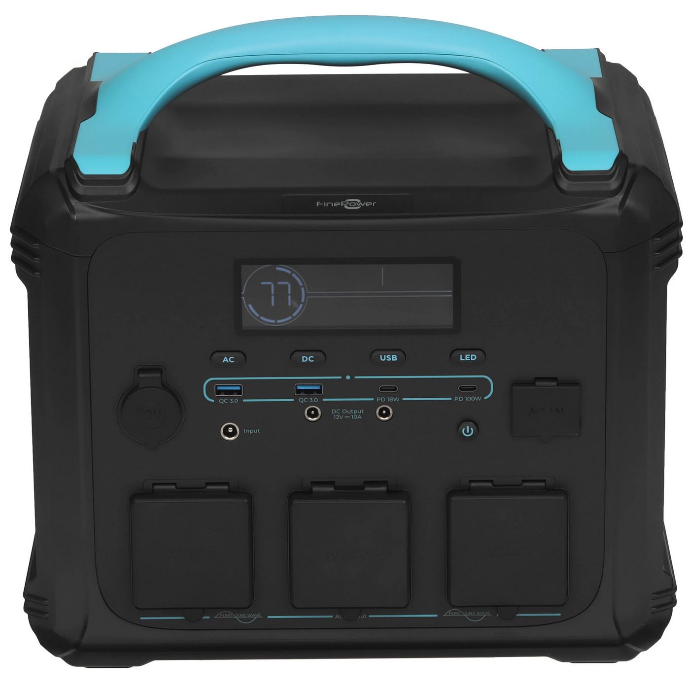 картинка Портативная станция FinePower Zeus 1000 (1102,5Wh/ 2,4kW, 2xUSB-A(out), 2xUSB-C(in/ out), DC(iout) 3xAC(in/ out), MPPT, LMFP, 15 кг, черный) от магазина КомпьютерЦентр