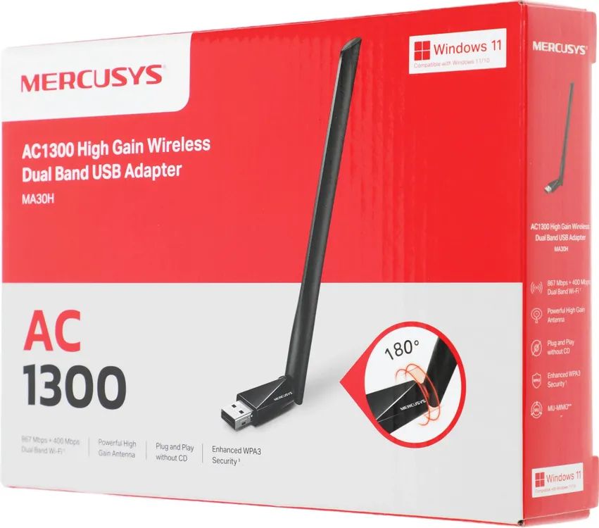 картинка Адаптер USB Wi-Fi Mercusys MA30H AC1300 USB2.0, ант. внешн. несъемн. 1ант от магазина КомпьютерЦентр