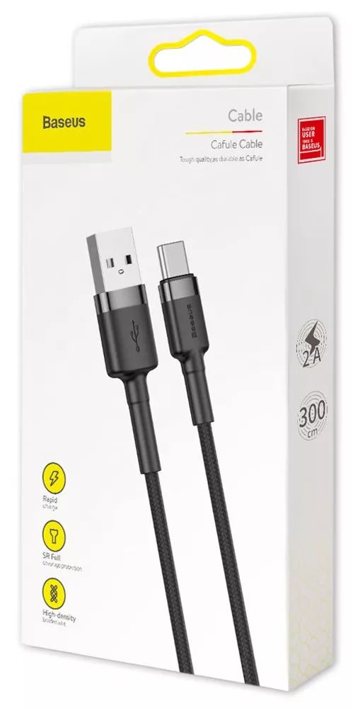 картинка Кабель Baseus cafule Cable USB For Type-C 2A 3m Gray+Black от магазина КомпьютерЦентр