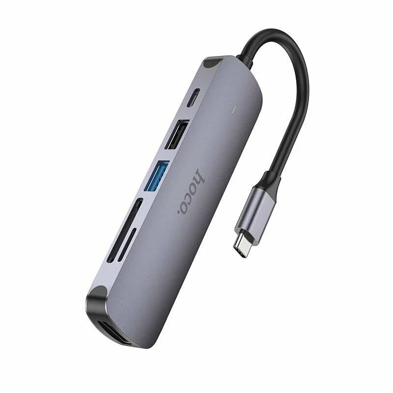 картинка HUB Hoco HB28 Type-C multi-function converter (HDTV + USB 3.0 + USB 2.0 + SD + TF +PD) Metal Gray от магазина КомпьютерЦентр