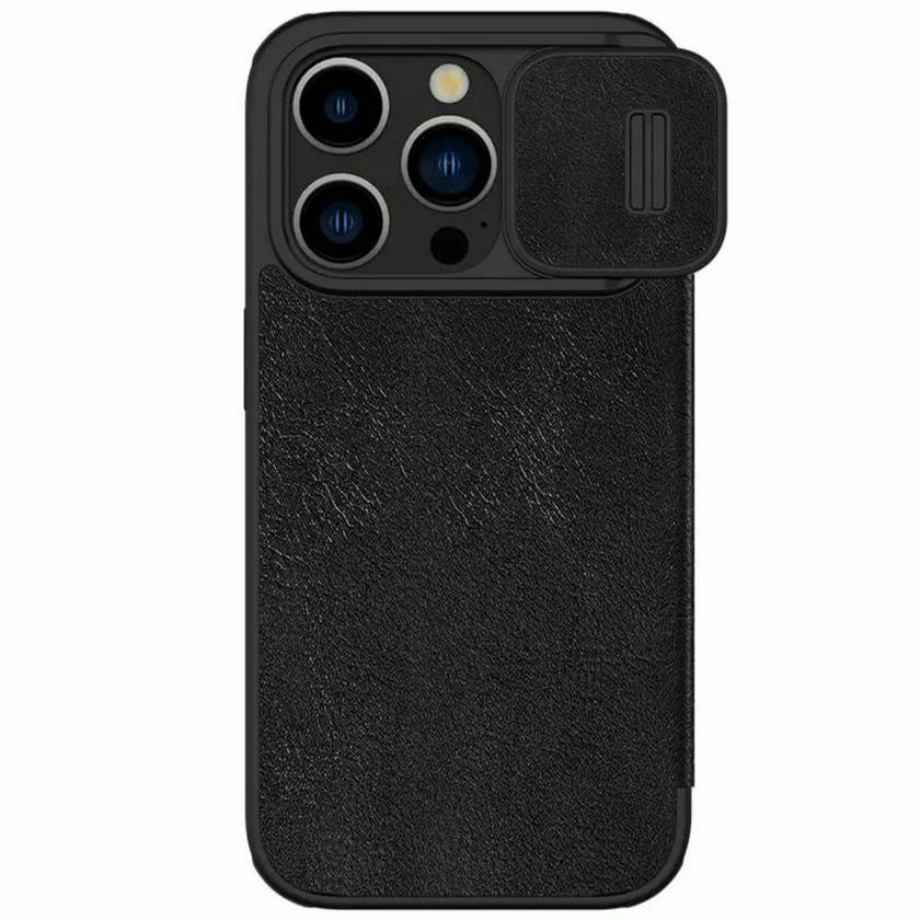 картинка Кожаный чехол-книжка Nillkin Leather Qin Pro c защитой камеры для iPhone 15 Pro (черный) от магазина КомпьютерЦентр