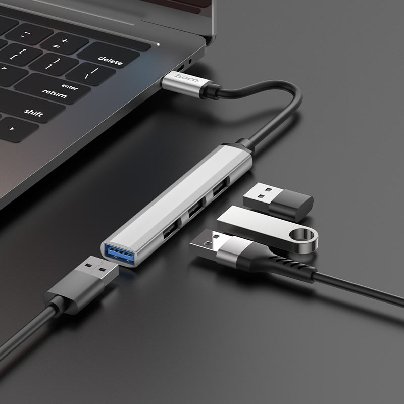 картинка HUB Hoco HB26 4in1 Mini Adapter Type-C to 4USB Metal Gray от магазина КомпьютерЦентр