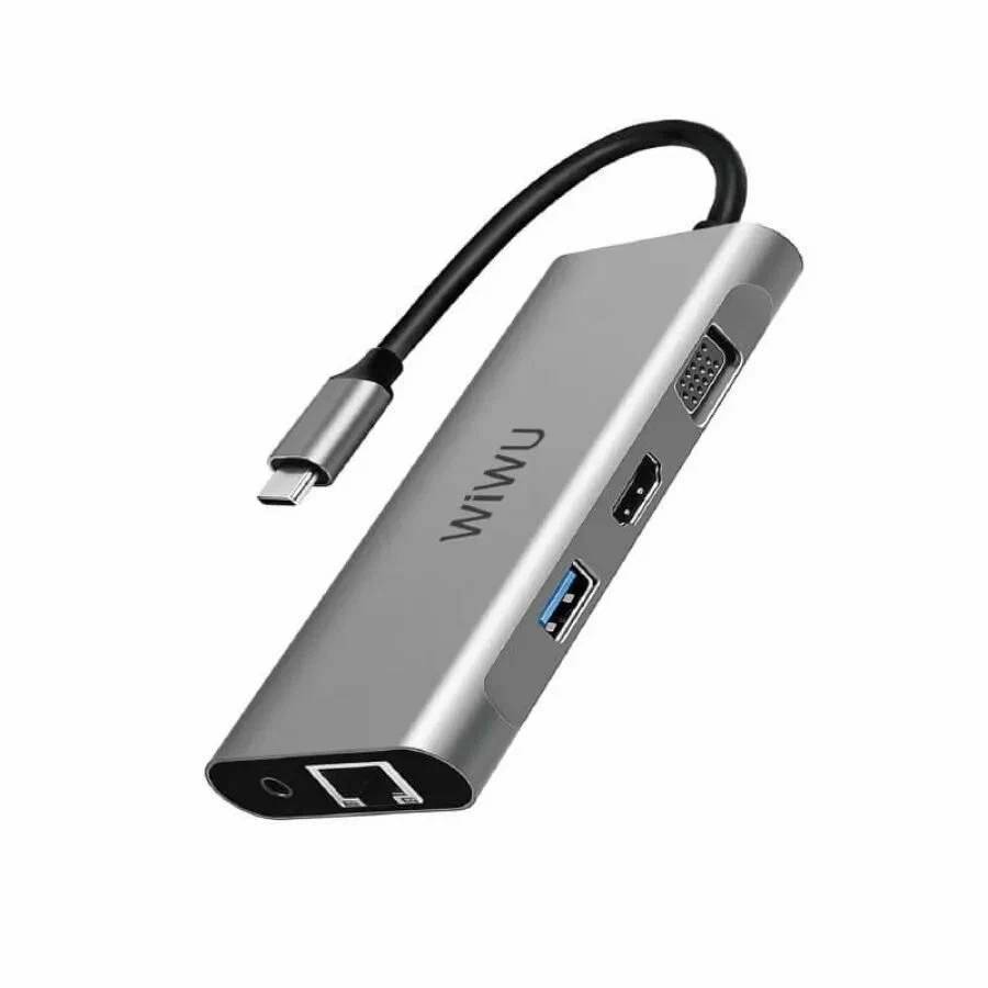 картинка HUB WiWU Alpha 11 in 1 Type-C to 3 x USB 3.0 + USB 2.0 + Type-C + RJ45 + HDMI + VGA + AUX 3,5mm + Cardreader Adapter Grey от магазина КомпьютерЦентр