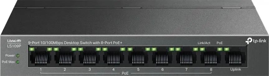 картинка Switch 9-port TP-Link LS109P с 9 портами 10/ 100 Мбит/ с (8 портов PoE+) настольный от магазина КомпьютерЦентр