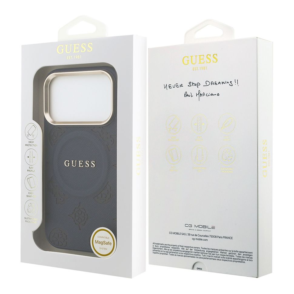 картинка Чехол Guess для iPhone 17 Pro PU Saffiano Peony Metal logo Gold camera Hard Blue (MagSafe) от магазина КомпьютерЦентр