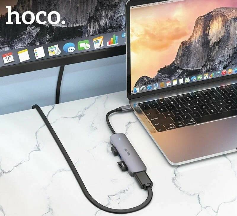 картинка HUB Hoco HB28 Type-C multi-function converter (HDTV + USB 3.0 + USB 2.0 + SD + TF +PD) Metal Gray от магазина КомпьютерЦентр