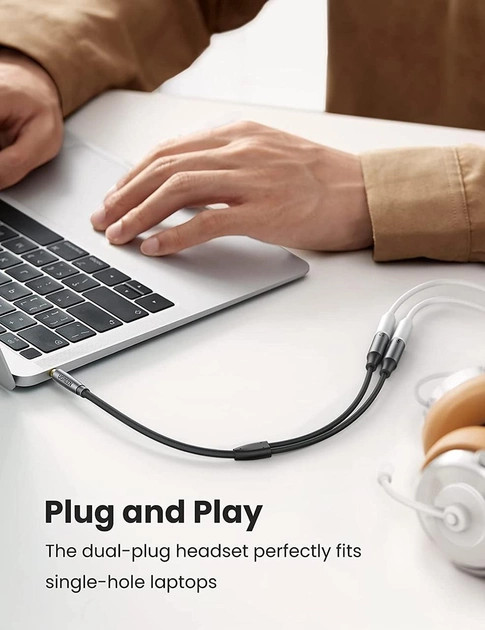 картинка Аудио разветвитель Ugreen AV192 Jack 3.5 (m)/  2xJack 3.5 (f) наушники + микрофон, в оплетке (серый) (50254) от магазина КомпьютерЦентр