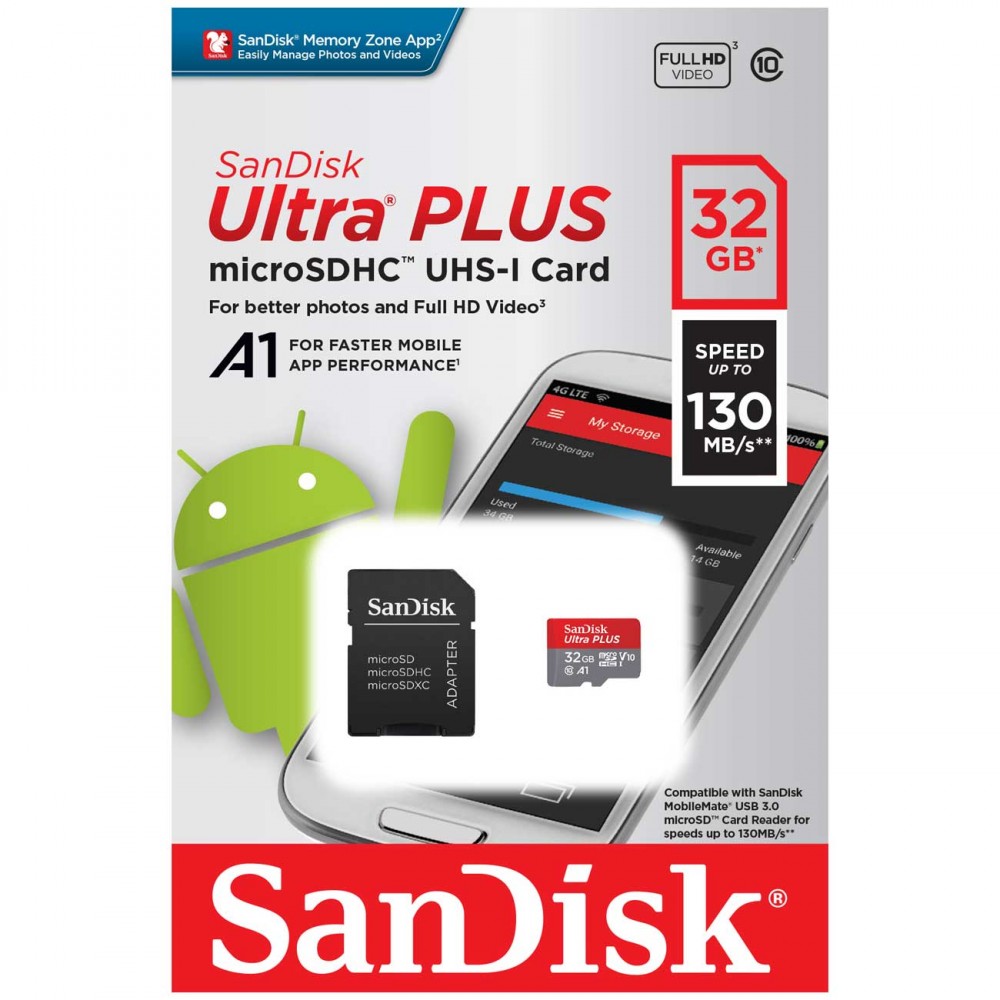 картинка Карта памяти 32Gb microSDHC SanDisk, Class10, UHS-I, Ultra Plus +адаптер (SDSQUB3-032G-GN6MA) от магазина КомпьютерЦентр