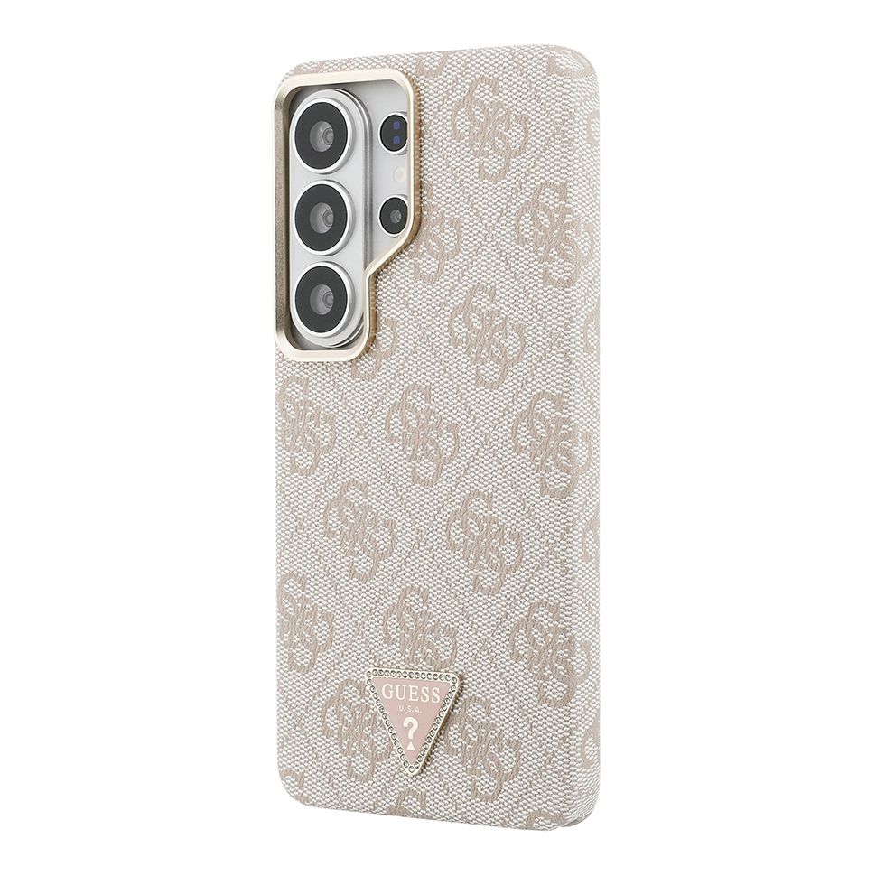 картинка Чехол Guess для Galaxy S26 Ultra PU 4G Triangle Diamond metal logo Gold camera Hard Pink (MagSafe) от магазина КомпьютерЦентр