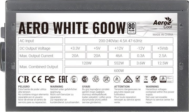 картинка Блок питания Aerocool 600W AERO White 80+ (AERO WHITE 600) от магазина КомпьютерЦентр