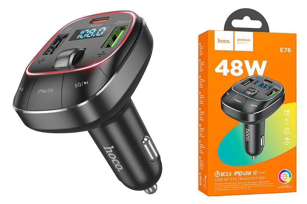 картинка Modulator HOCO E76 Pole PD45W+QC3.0 car BT FM transmitter obsidian black от магазина КомпьютерЦентр