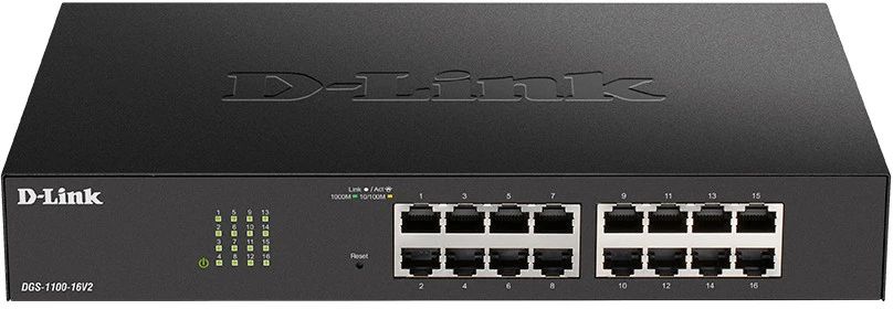 картинка Switch 16-port D-Link DGS-1100-16V2/ A2A Настраиваемый L2 коммутатор c 16 портами 10/ 100/ 1000Base-T от магазина КомпьютерЦентр