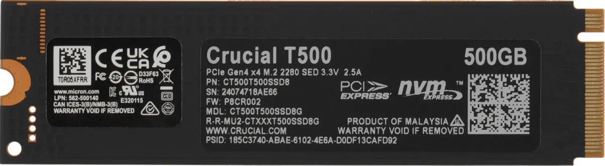 картинка SSD накопитель 500Gb Crucial T500 Client SSD CT500T500SSD8 PCIe Gen4x4 with NVMe, 7200/ 5700, TLC, 300TBW от магазина КомпьютерЦентр