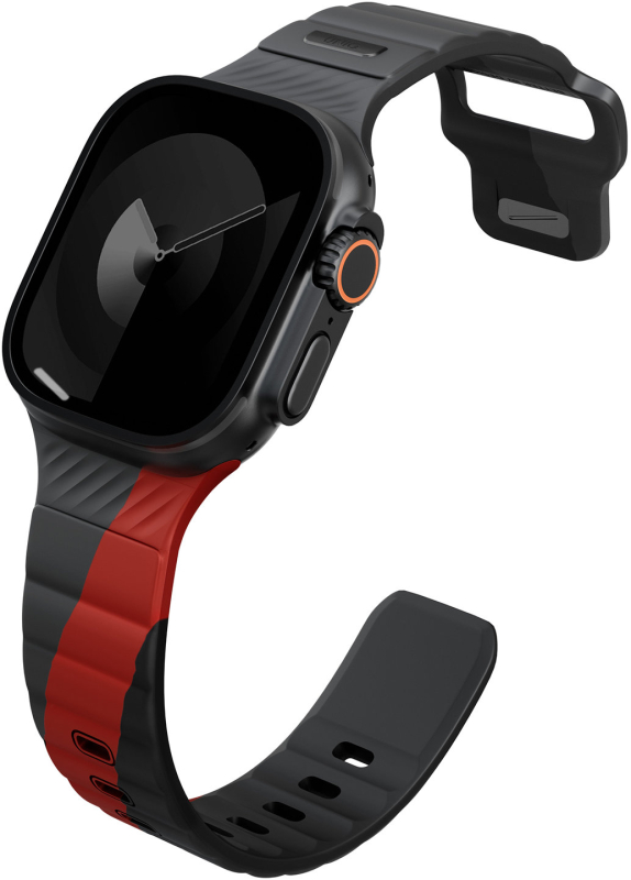 картинка Ремень каучуковый Uniq STRIDE DE RUBBER для Apple Watch 49/ 45/ 44/ 42, цвет серо-красный (CHARCOAL/ ROSSO RED) (49MM-STRDECHRRD) от магазина КомпьютерЦентр