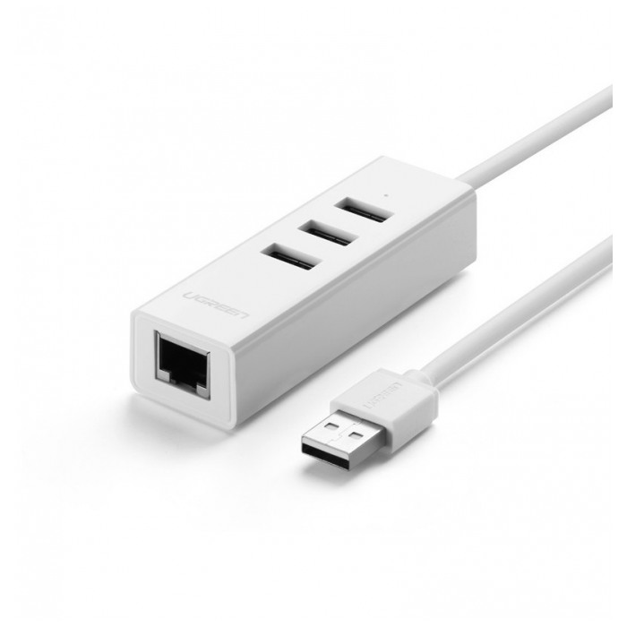 картинка HUB USB Ugreen USB 2.0 Wired Network Adapter with 3-Port USB Hub CR129 White (30297) от магазина КомпьютерЦентр