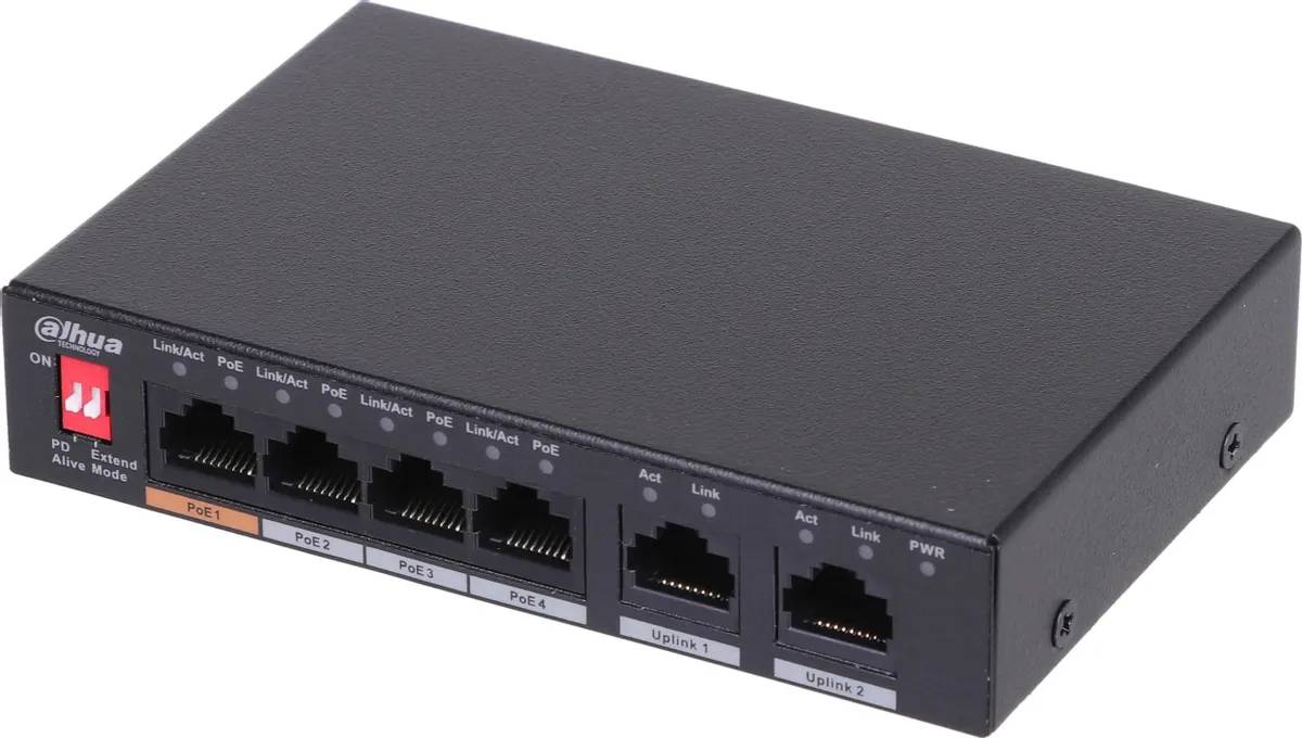 картинка Switch 4-port Dahua DH-PFS3006-4ET-60, 4xRJ45 100Mb, неуправляемый, коммутация 1.8 Гбит/ с, MAC-таблица 2K, пластик от магазина КомпьютерЦентр