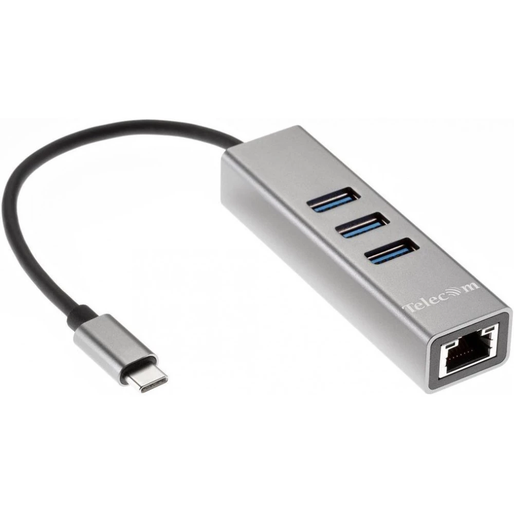 картинка HUB 4-port Telecom TA311C USB 3.1 Type-C --> RJ45 1000Mbps +3 USB3.0, Aluminum Shell, 0.2м от магазина КомпьютерЦентр