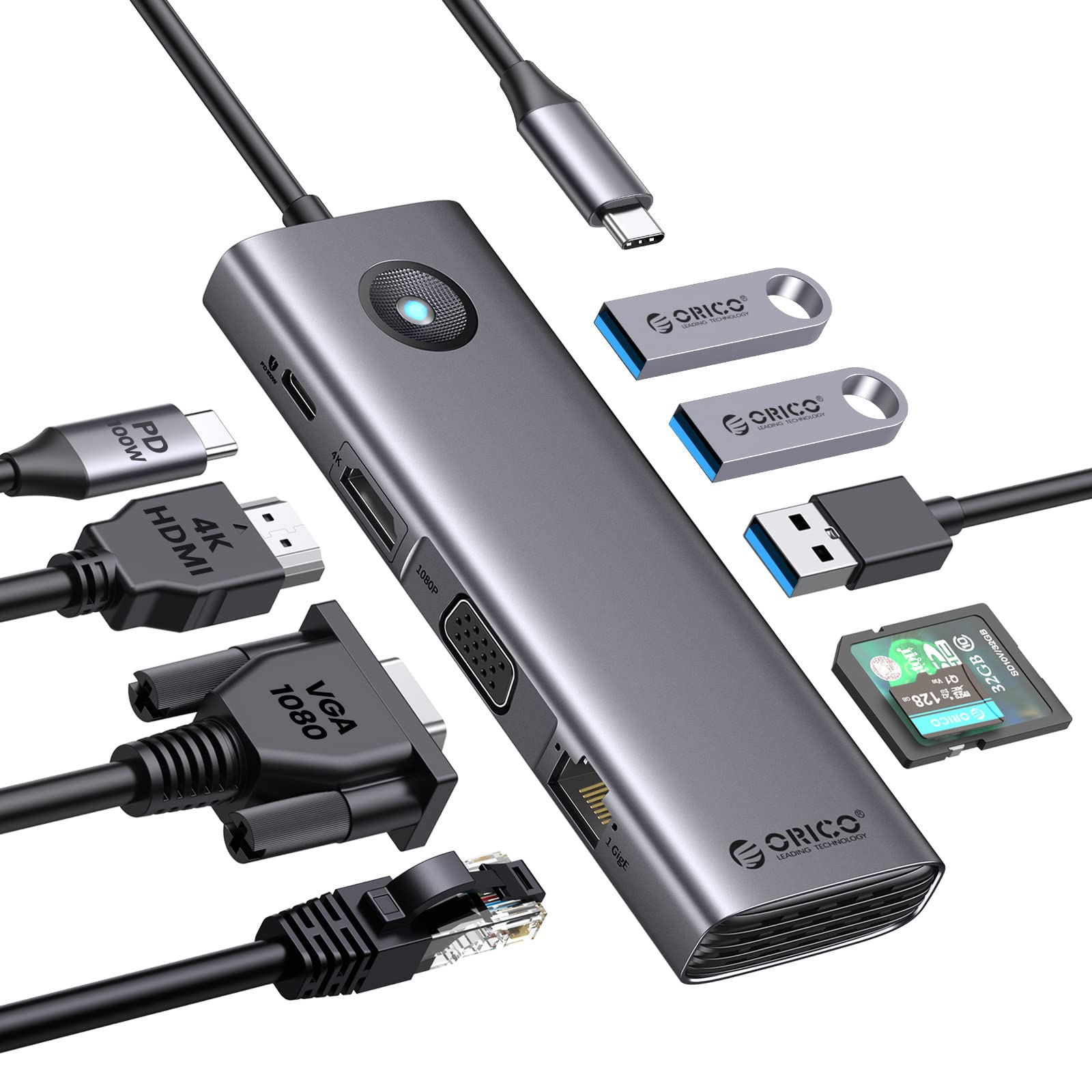 картинка HUB 9-port ORICO PW11-9P Type-C HUB, PD 100 Вт, USB-A, HDMI 4K@30Hz, SD&TF, VGA, Gig E от магазина КомпьютерЦентр