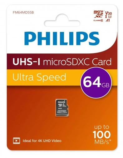 картинка Карта памяти 64Gb microSDXC Philips, High Speed microSDHC Class UHS-I U3, V30, A1, 100Mb/ s (FM64MD55B/ 97) от магазина КомпьютерЦентр