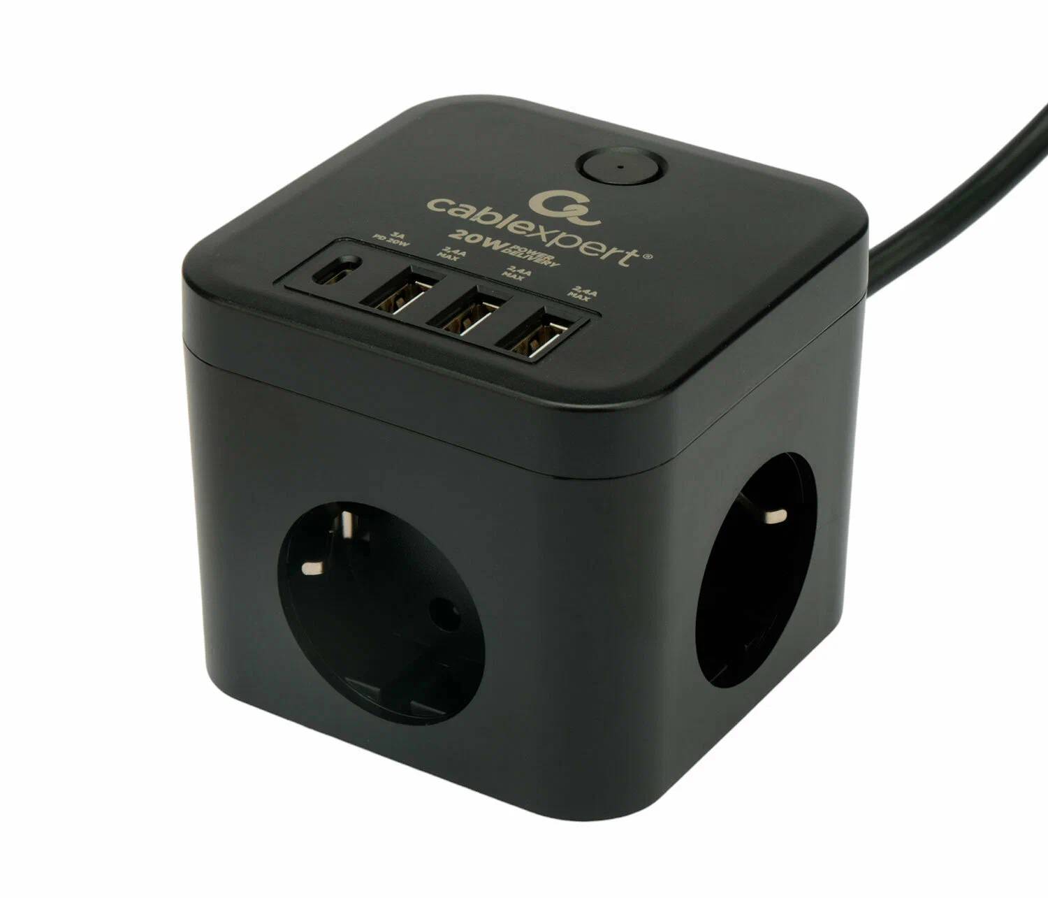 картинка Сетевой фильтр 1,5 м, Cablexpert Cube (CUBE-3-CU3-B-1.5) 3р, 10А, 1xType-C PD, 3xUSB, ур.защиты 4+, черный, коробка от магазина КомпьютерЦентр