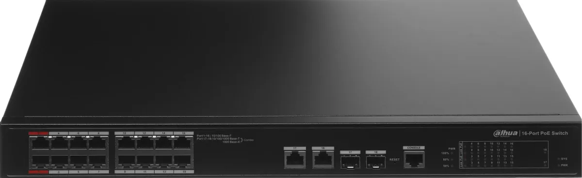 картинка Switch 16-port DAHUA DH-PFS4218-16ET-190 управляемый, 1000 Мбит/ сек, 100 Мбит/ сек, PoE, бюджет PoE 190 Вт от магазина КомпьютерЦентр